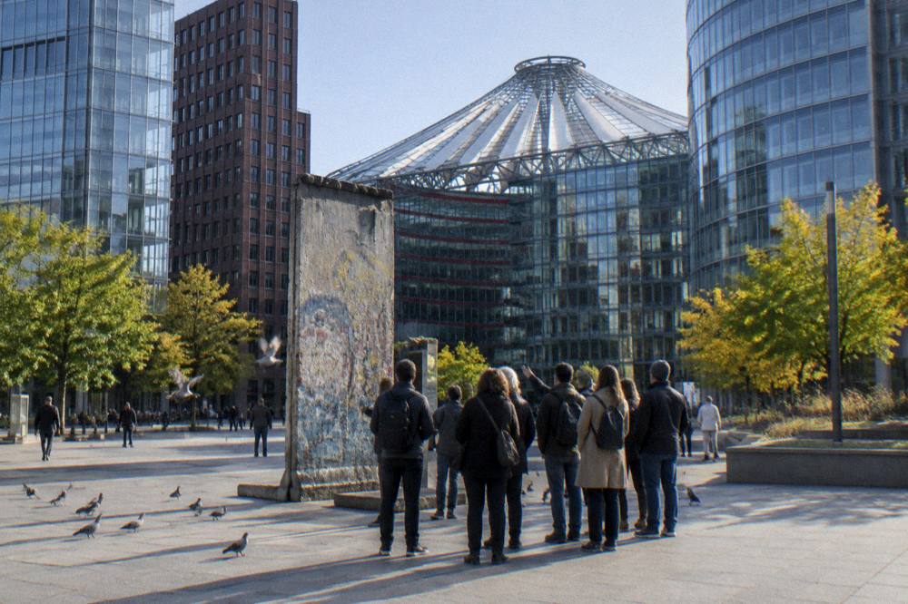 Guided walking group gathered on a wide Berlin square near the government quarter