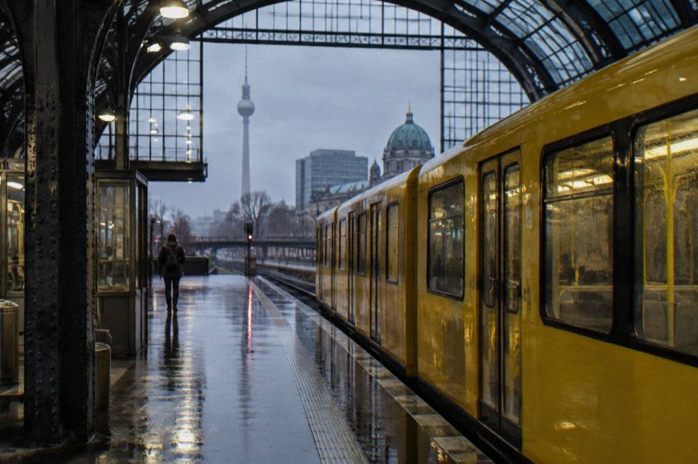 An S-Bahn platform in Berlin with a yellow train waiting and station signs overhead