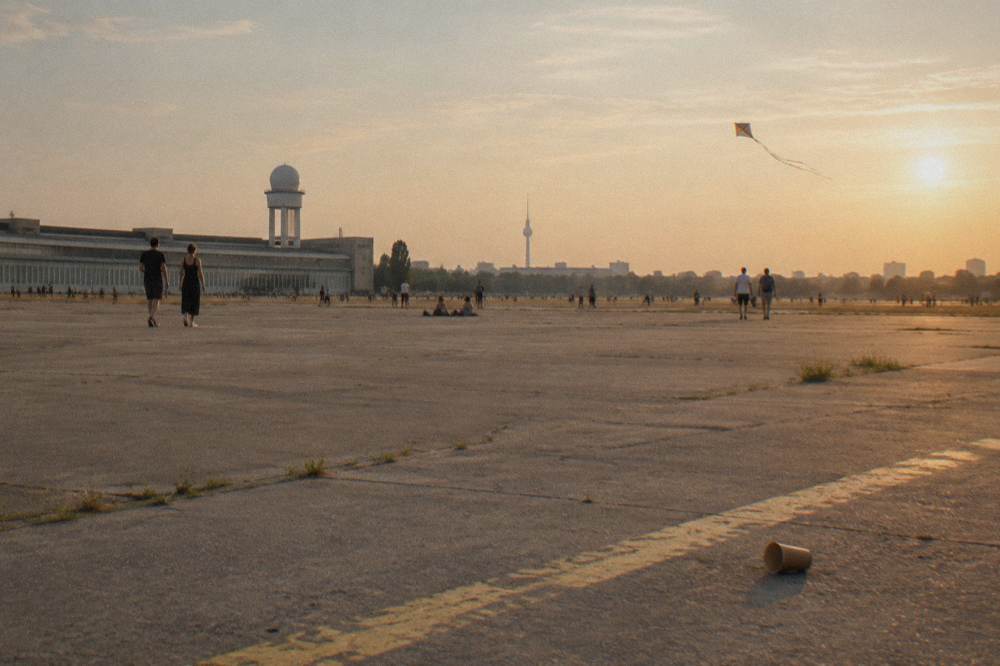 People strolling across a vast open expanse of former airport pavement