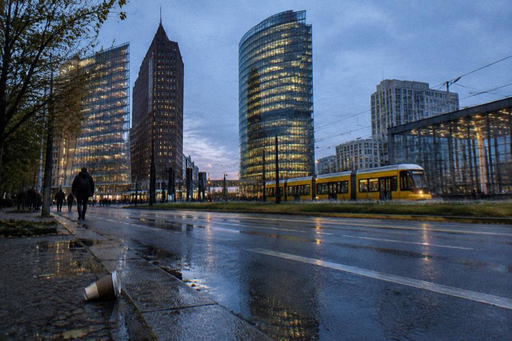 Busy city square with modern buildings and a traffic island at dusk
