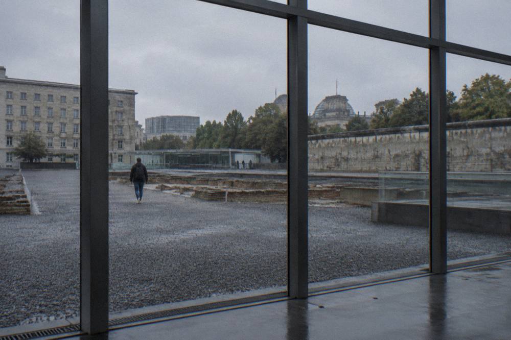 View of the documentation centre building and the open-air exhibition grounds beside it