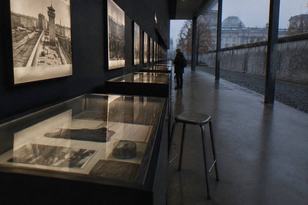 Interior exhibition hall with display panels and display cases along the walls